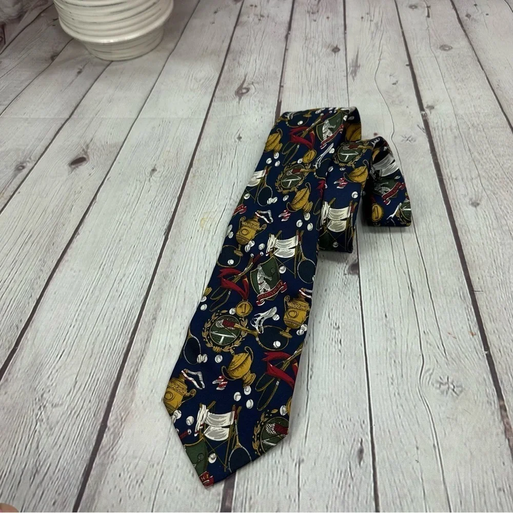 Brooks Brothers makers Navy Gold old sport tennis themed silk Tie preppy